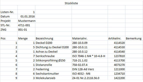 Hier sehen Sie eine Vorlage fr eine Stckliste. Sie enthlt Listennummer, Datum und Projektnummer sowie Infos ber die Positionsnnummer, Menge, Bezeichnung, Materialnummer und weitere Bemerkungen